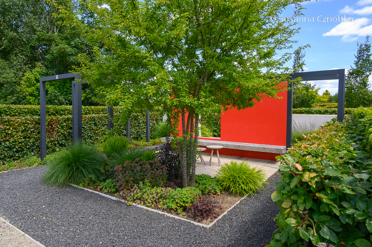 Ein moderner Garten mit klaren Linien und Flächen in Grau und Rot 