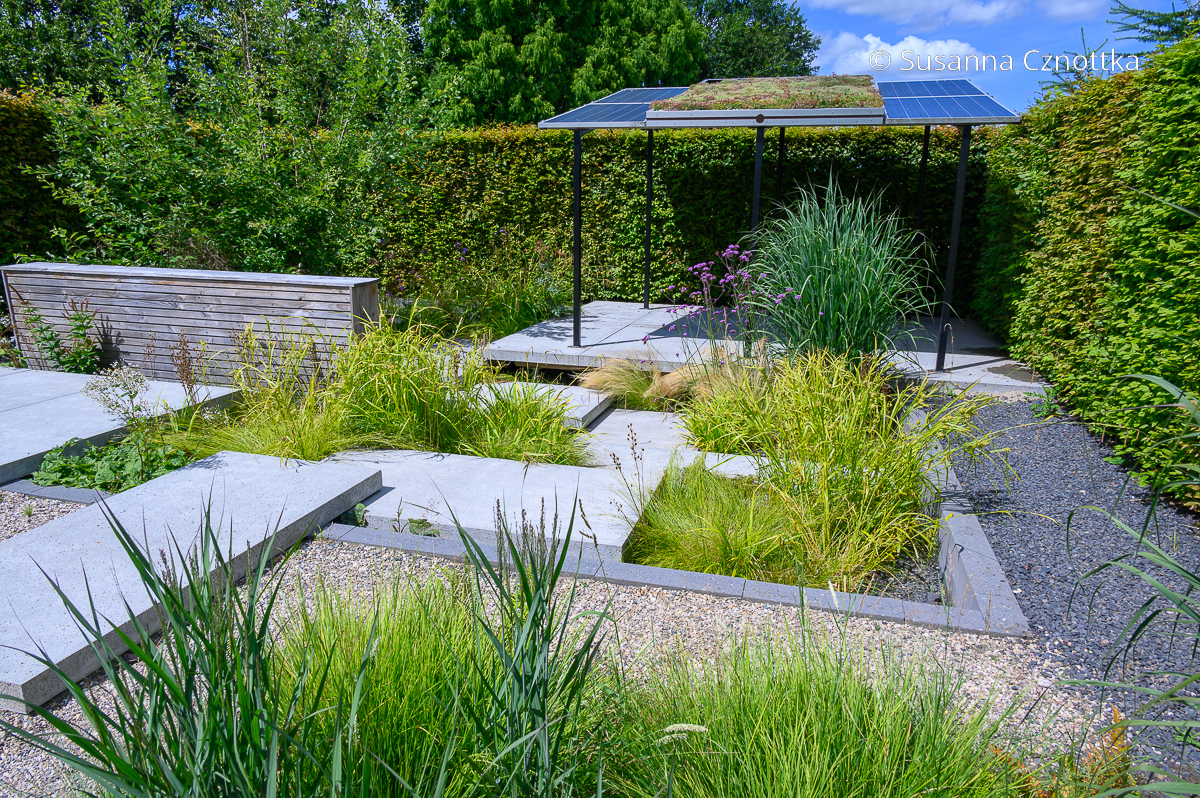 Moderner Garten mit PV-Zellen,  Gräsern und Betonelementen