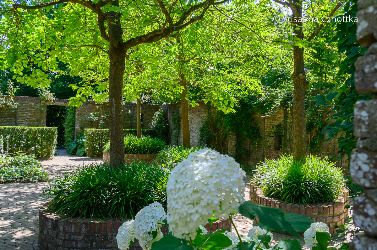 Gartengestaltung: ein ruhiger Gartenhof mit Klinkermauer und Bäumen