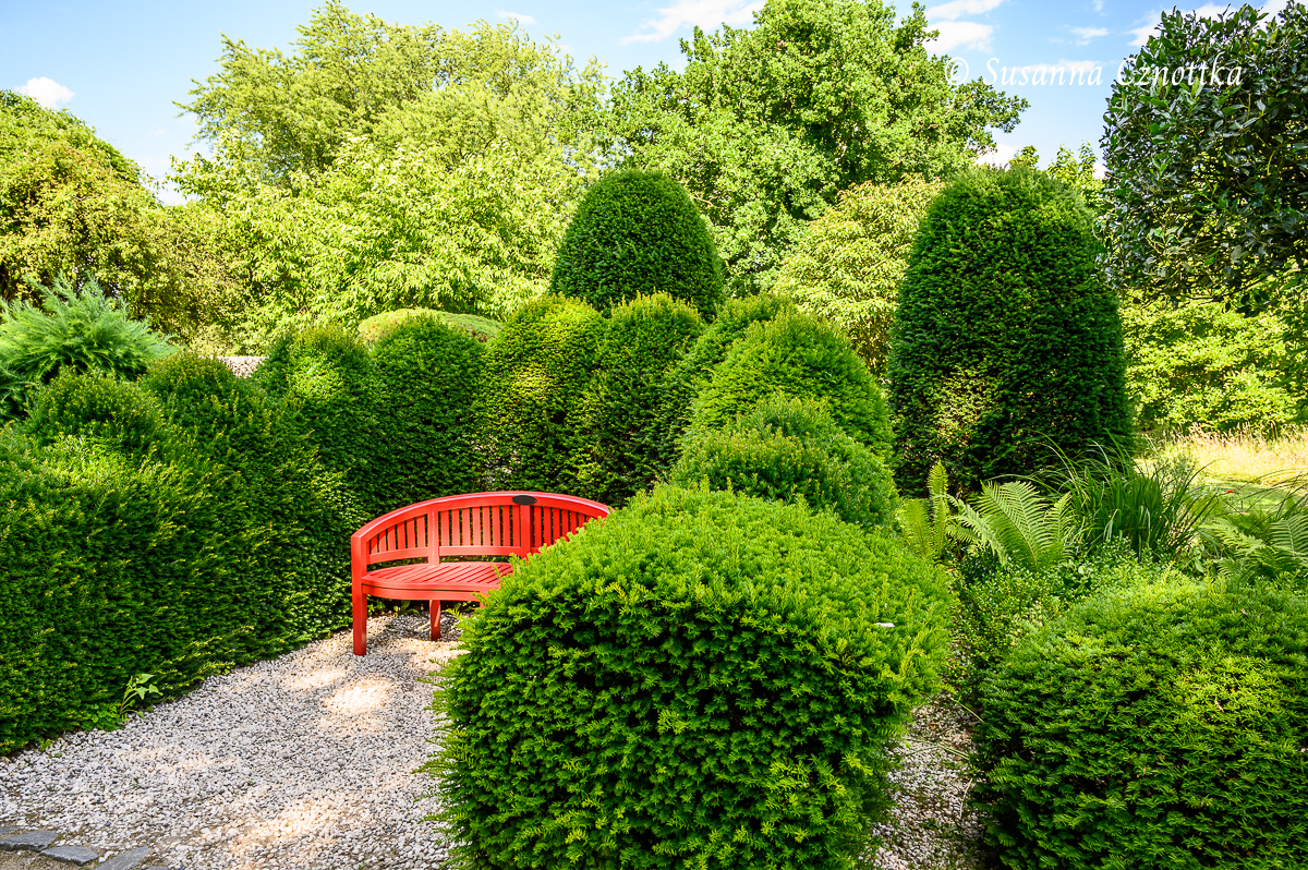 Farbe im Garten: rote Bank und grüne Hecke