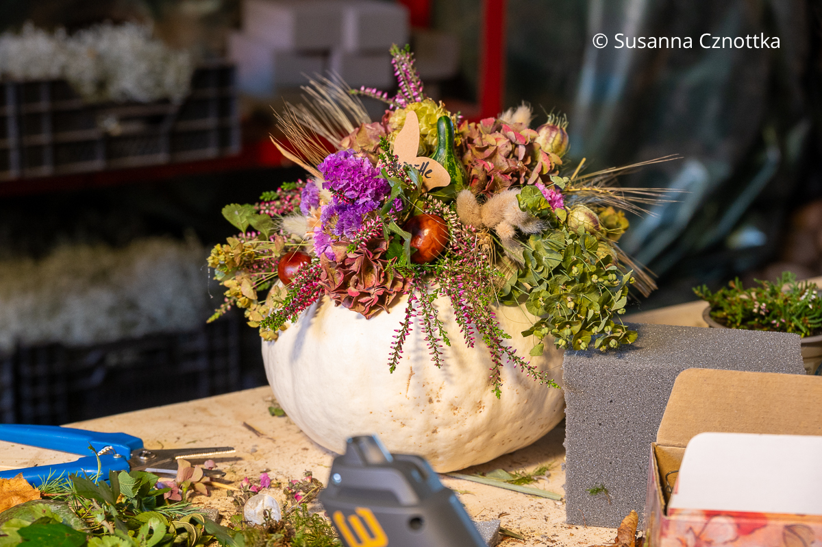 Deko für den Terrassentisch: Kürbis mit einem Krönchen aus herbstlichen Blüten und Früchten Deko für den Terrassentisch: Kürbis mit einem Krönchen aus herbstlichen Blüten und Früchten