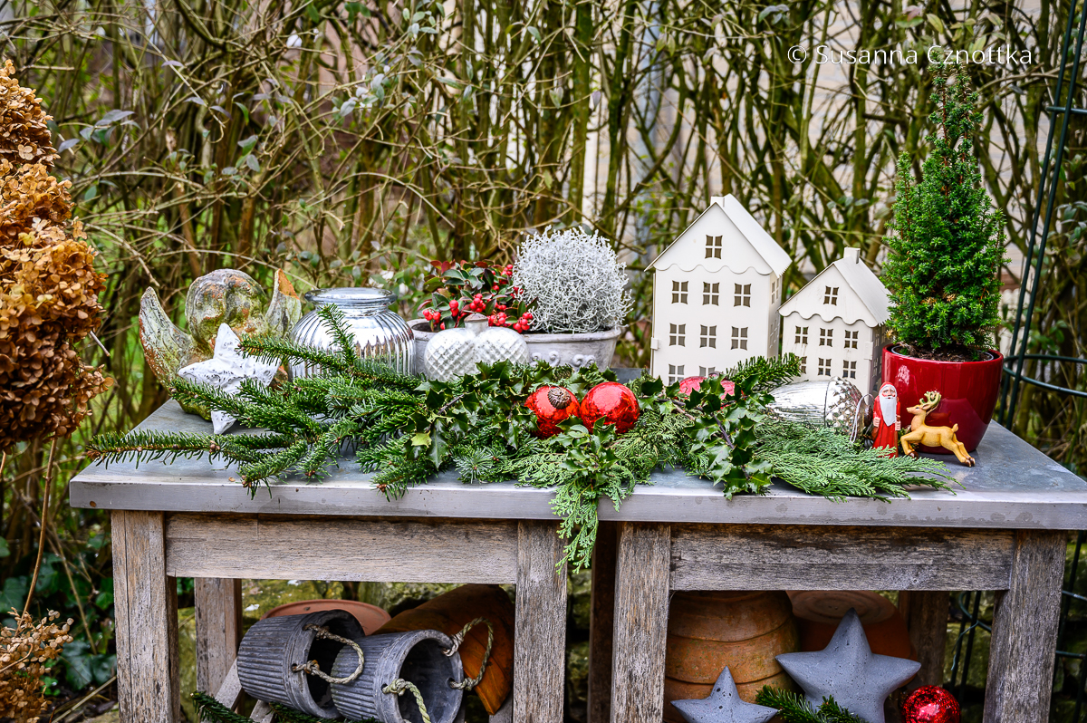 Ein Pflanztisch im Garten mit weihnachtlicher Dekoration in Weiß, Grün und Rot