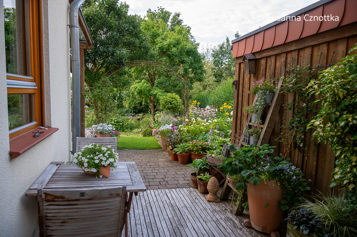 Blick über die kleine Terrasse in den Garten