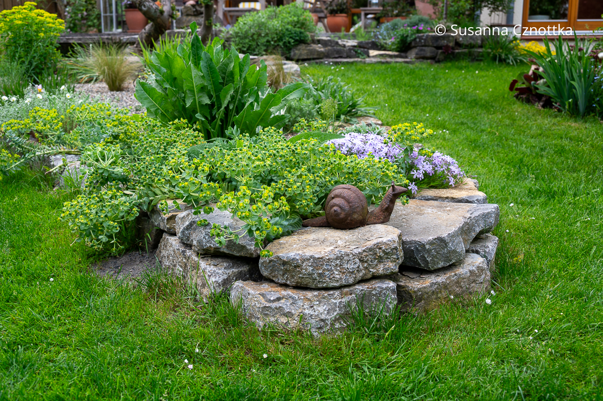 Attraktive Beeteinfassung: Mäuerchen aus Naturstein Ein Beet mit einem Mäuerchen aus Naturstein als Einfassung