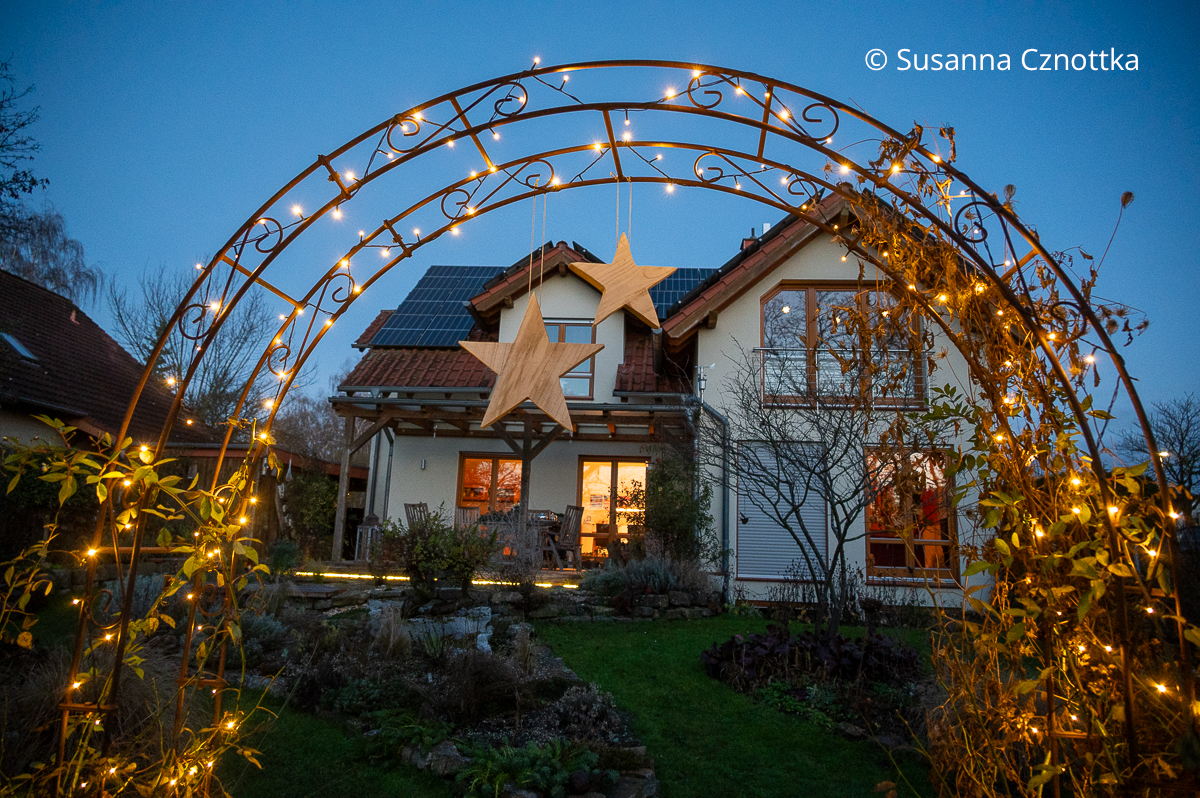 Adventsdekoration im Garten: zwei Holzsterne an einem Rosenbogen mit Lichterkette