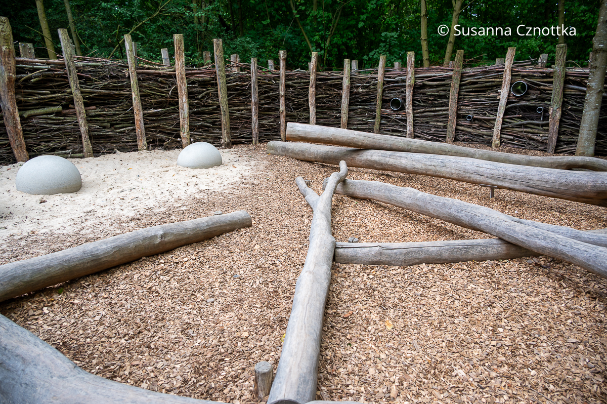 Ein überdimensionales "Vogelnest" auf der Landesgartenschau Niedersachsen in Bad Nenndorf Eine kreisförmige Reisighecke mit runden Öffnungen darin, "Eiern" aus Beton und Holzstämmen stellt ein überdimensionales Vogelnest dar