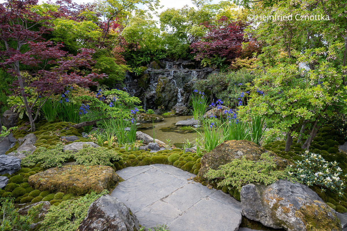 Blick auf einen Wasserfall in einem Schaugarten auf der Chelsea Flowershow, Kazuyuki Ishihara 2024