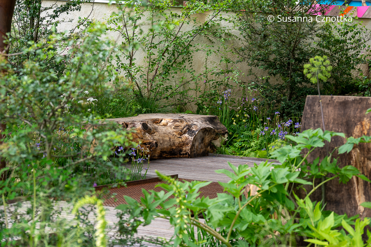 Bearbeitete Holzstämme als Sitzgelegenheit im Garten