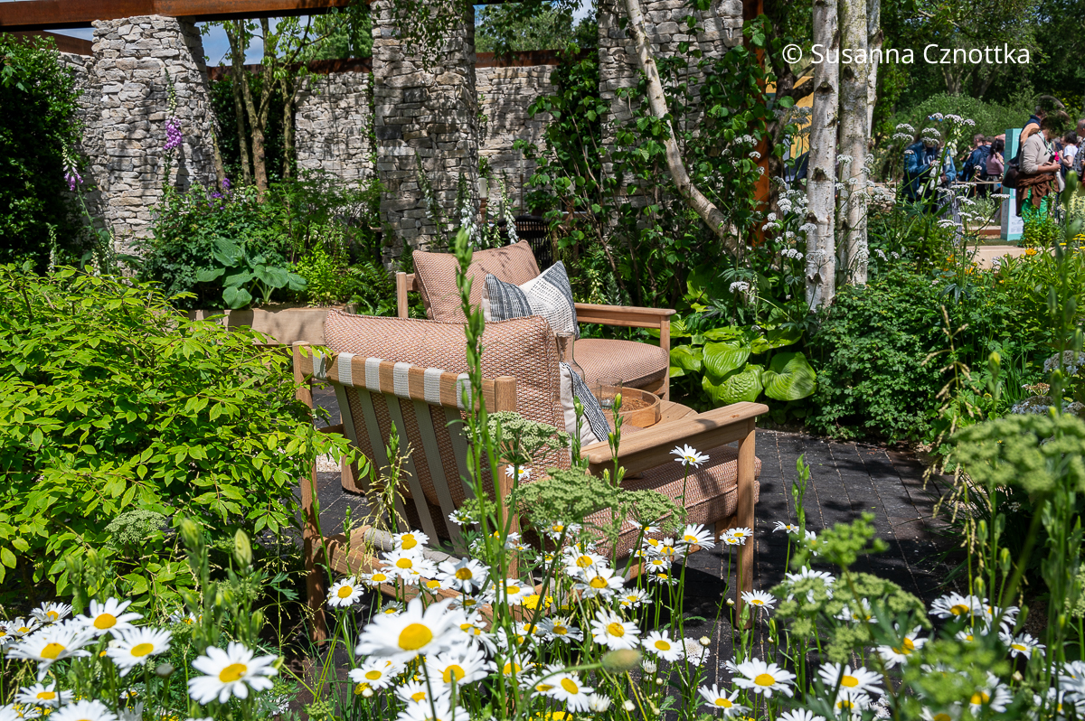 Outdoormöbel: Ein Sitzplatz mit Lounge-Sesseln zwischen Margeriten und anderen Pflanzen