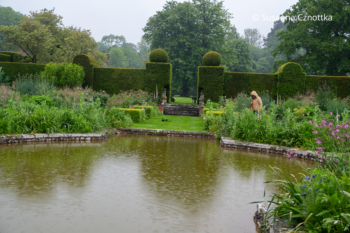 Betont formale Eibenhecke mit hineingeschnittenen "Pfeilern"