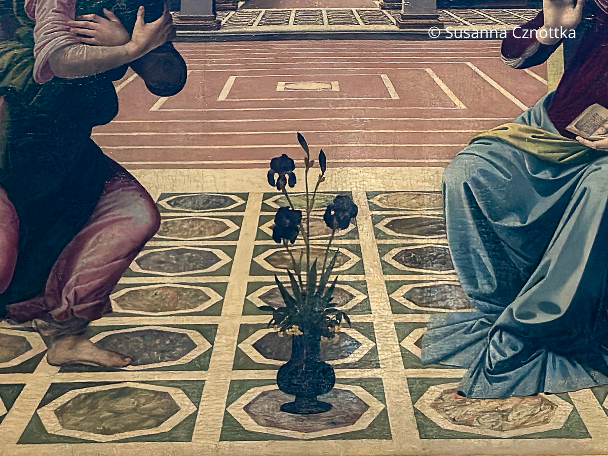 Ausschnitt aus dem Gemälde Annunciation (Verkündigung), Pietro Donzello, Basilica di Santo Spirito in Florenz mit einer Iris