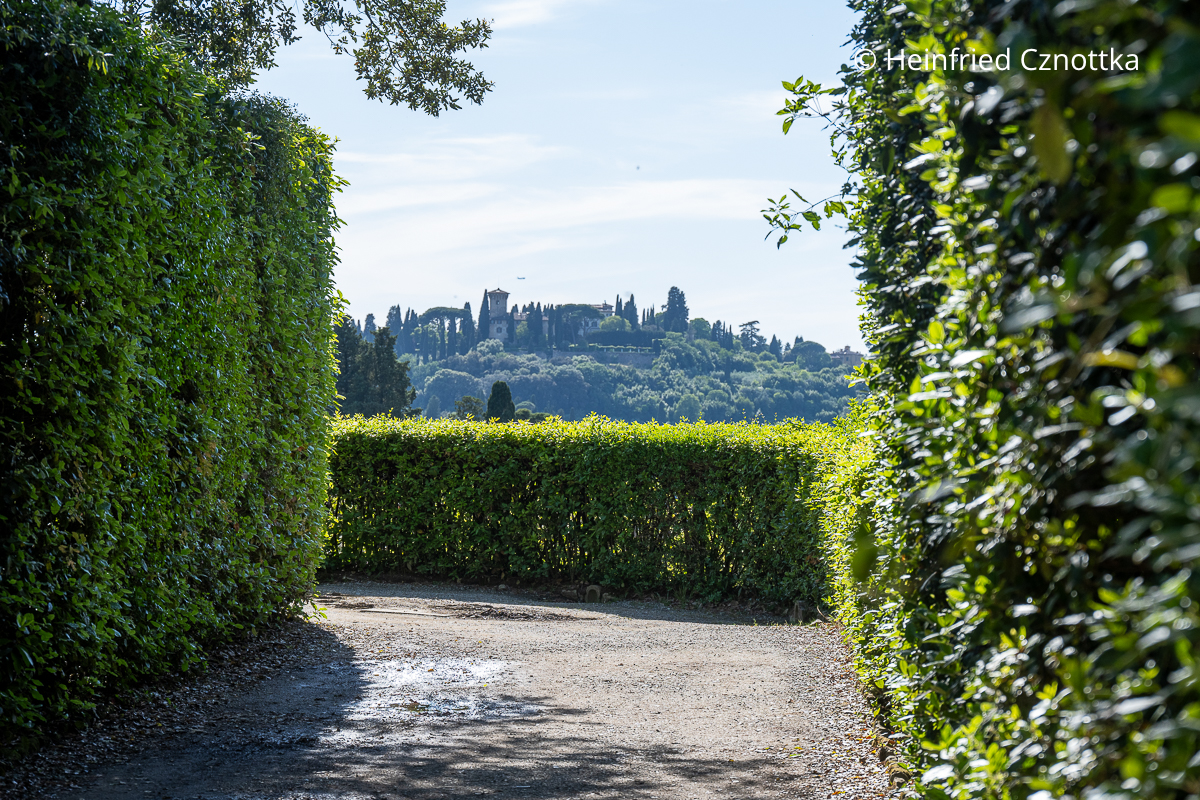 Blick in die Landschaft vom Giardino di Boboli aus Blick in die Landschaft und einen Turm zwischen zwei Hecken vom Giardino di Boboli aus