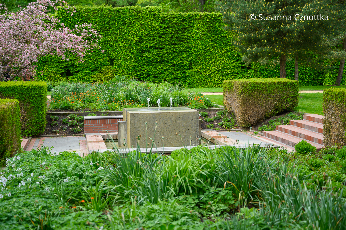 Ein Senkgarten mit einem würfelförmigen Wasserspiel aus Beton im Botanischen Garten Bielefeld