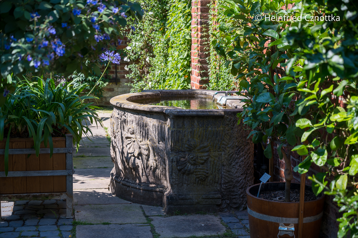 Ein alter Brunnen mit plastischen Ornamenten in einem Innenhof Ein alter Brunnen mit plastischen Ornamenten in einem Innenhof