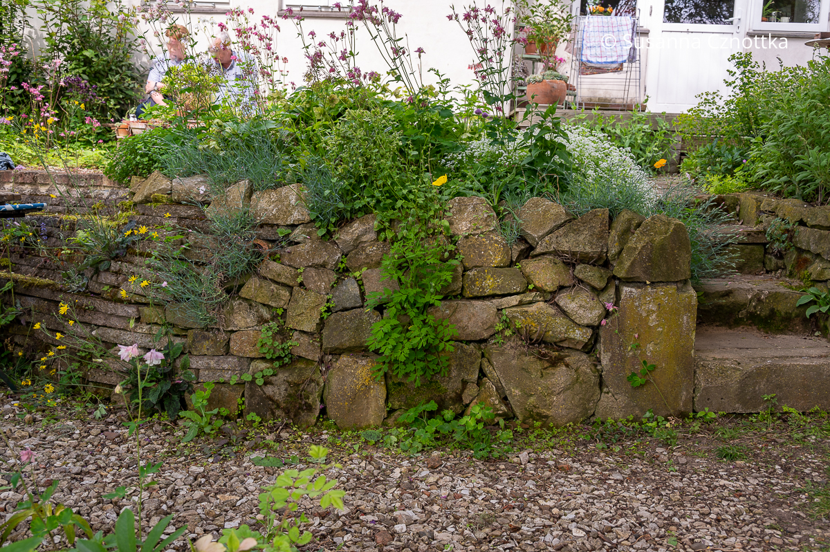Gartenmauer aus Steinen und alten Gehwegplatten