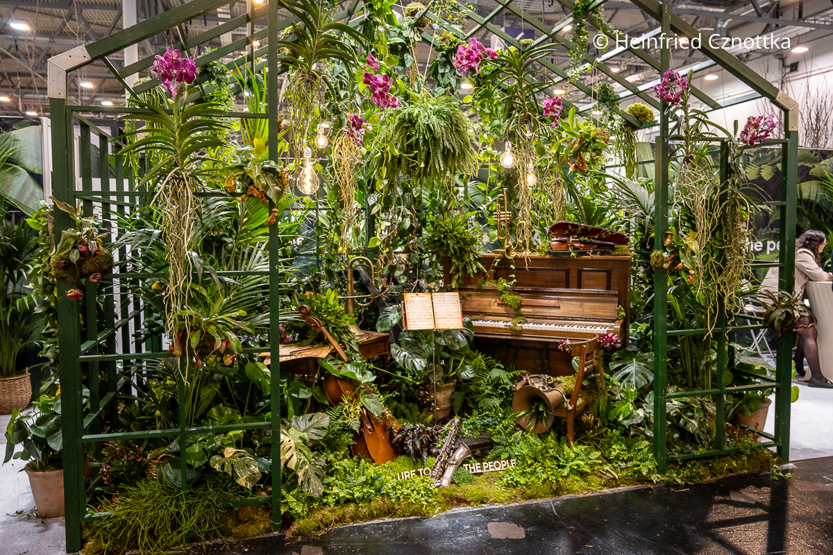 Phantasievoller Messestand: Musikinstrumente in einem Dschungel im Gewächshaus