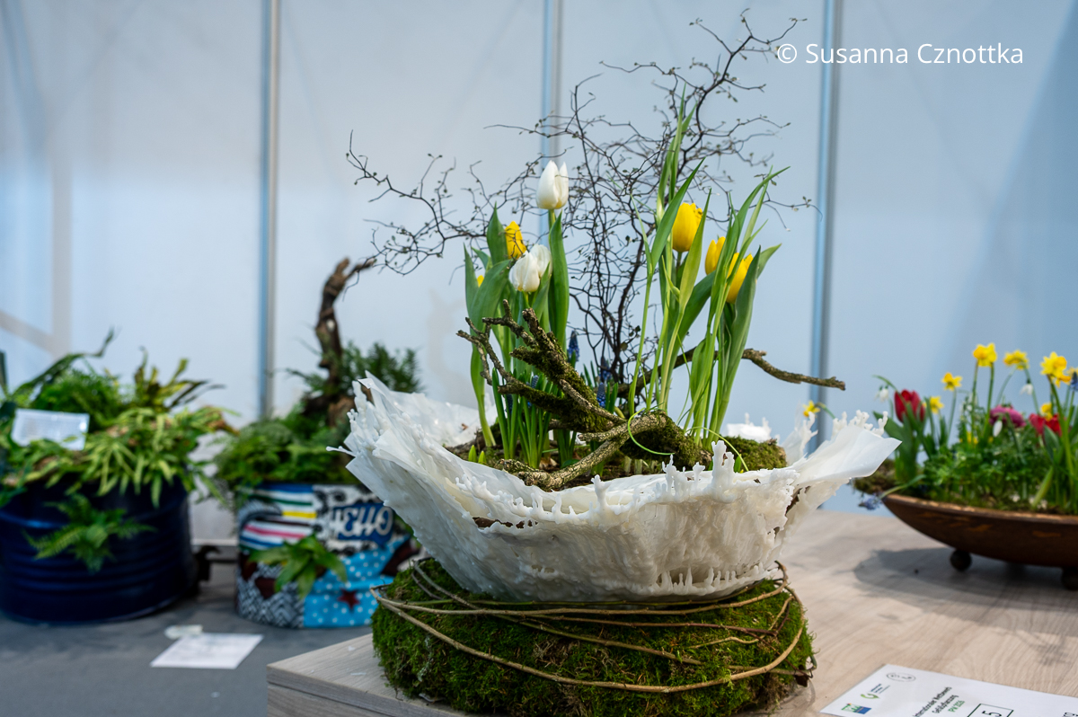 Pflanzschale aus altem Kerzenwachs mit gelben und weißen Tulpen