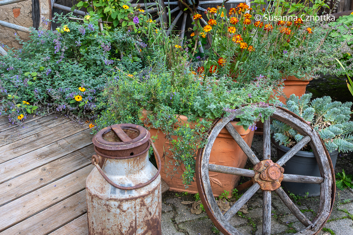 Ein Wagenrad, eine alte Milchkanne und blühende Blumen Ein Wagenrad, eine alte Milchkanne und blühende Blumen
