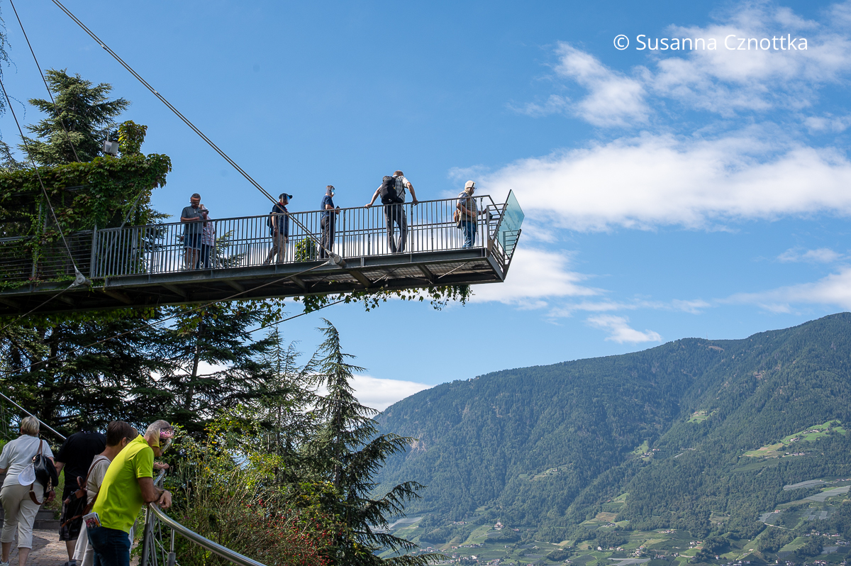 Mehrere Menschen auf einem Aussichtssteg in den Gärten von Schloss Trauttmansdorff