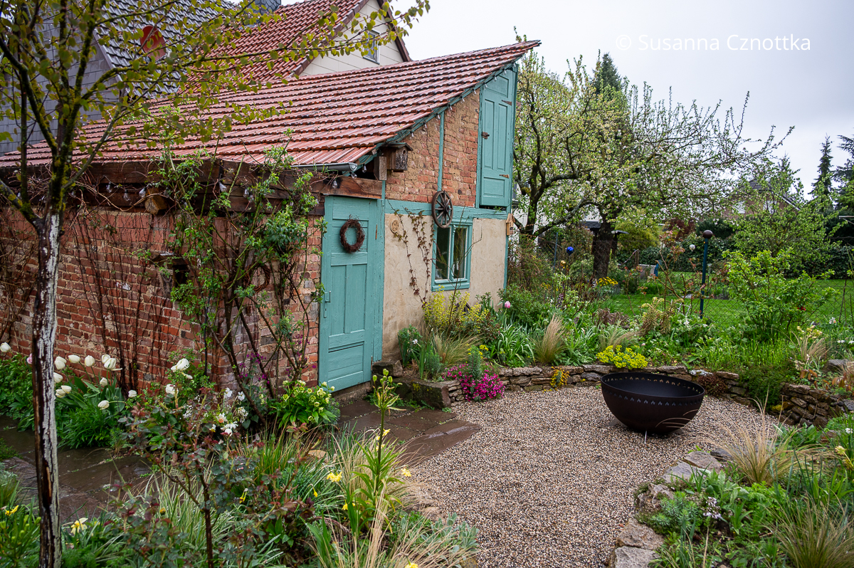 Blick am Schuppen vorbei auf das Nachbargrundstück mit blühenden Obstbäumen