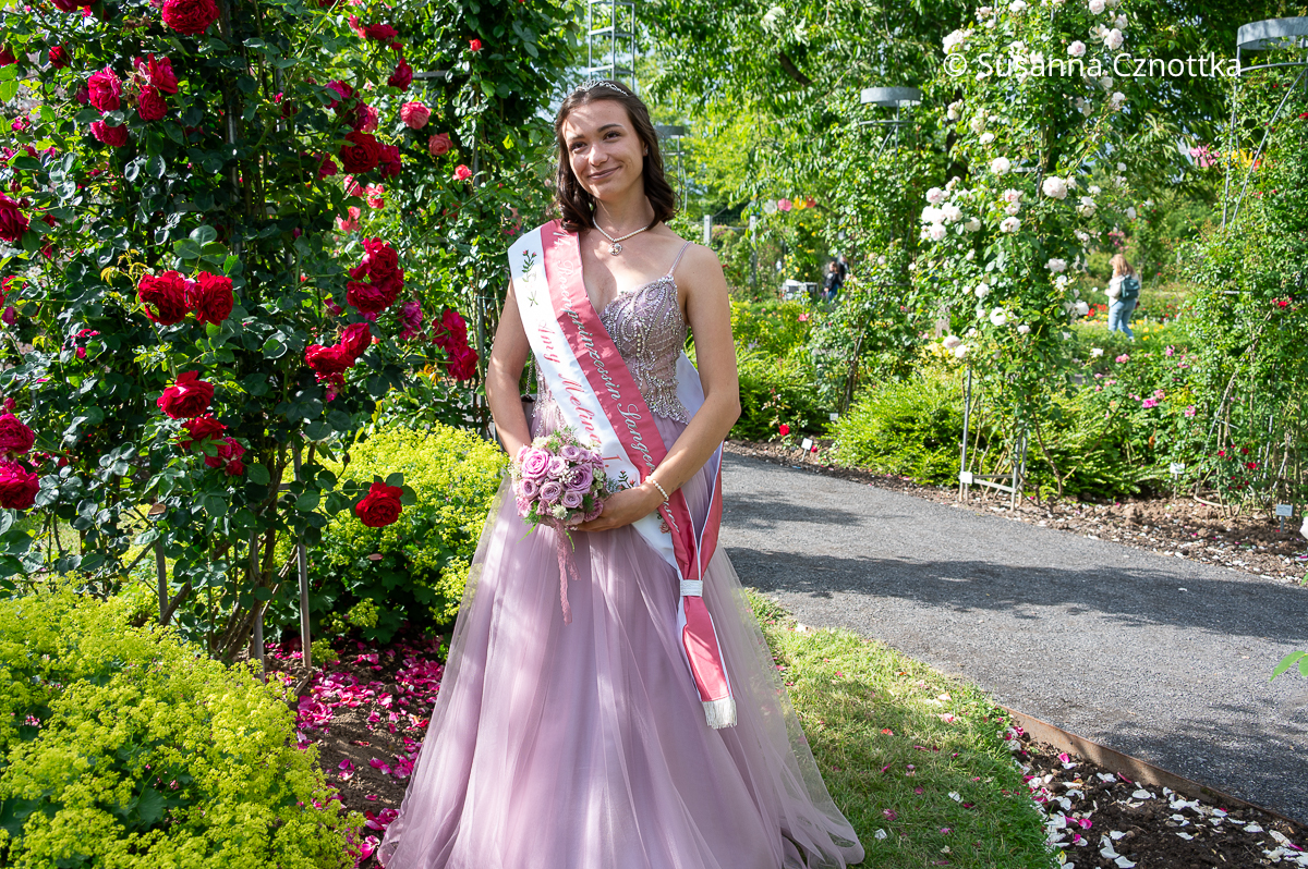 Die neue Rosenprinzessin 2026 von Sangerhausen Amy Melina I. Eine junge Frau im rosa Ballkleid mit perlenbesetztem Mieder und einer rotweißen Schärpe mit der Aufschrift "Rosenprinzessin Sangerhausen Amy Melina I."