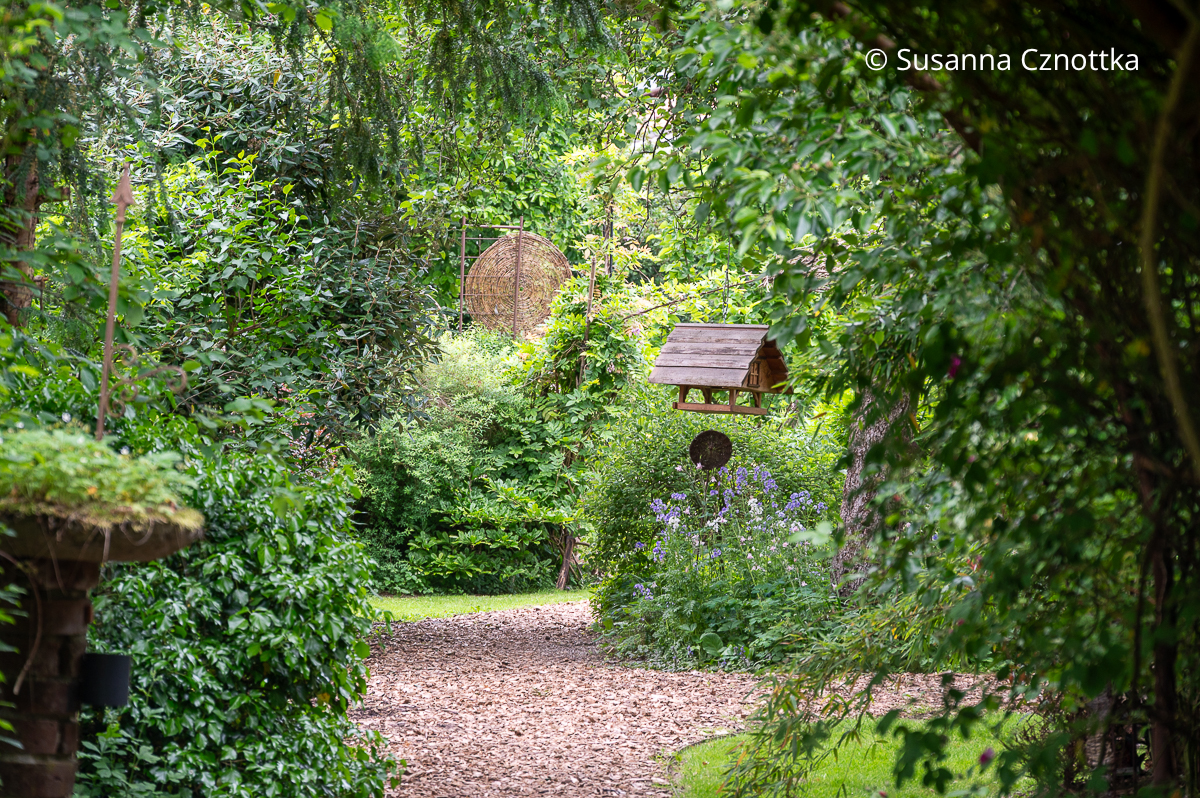 Vogelfutterhäuschen an einer Weggabelung in einem Garten