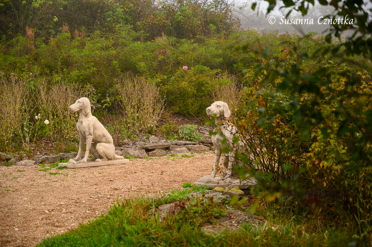 Hundeskulpturen am Weg zum Rosengarten, Schloss Dennenlohe