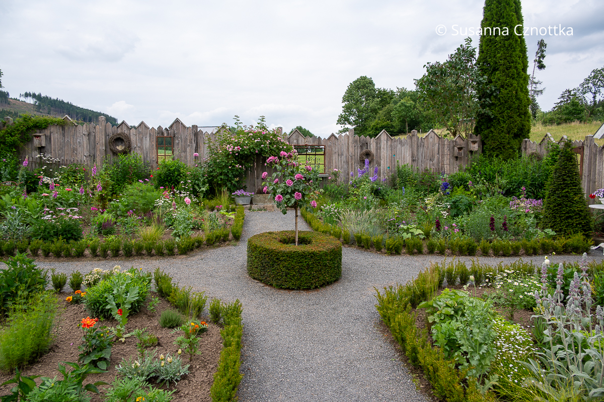 Buchsbaumersatz: kleine Eiben wie die Sorte 'Renke's Kleiner Grüner' , hier in einem Bauerngarten mit klassischer Vierteilung, eignen sich als Beeteinfassung