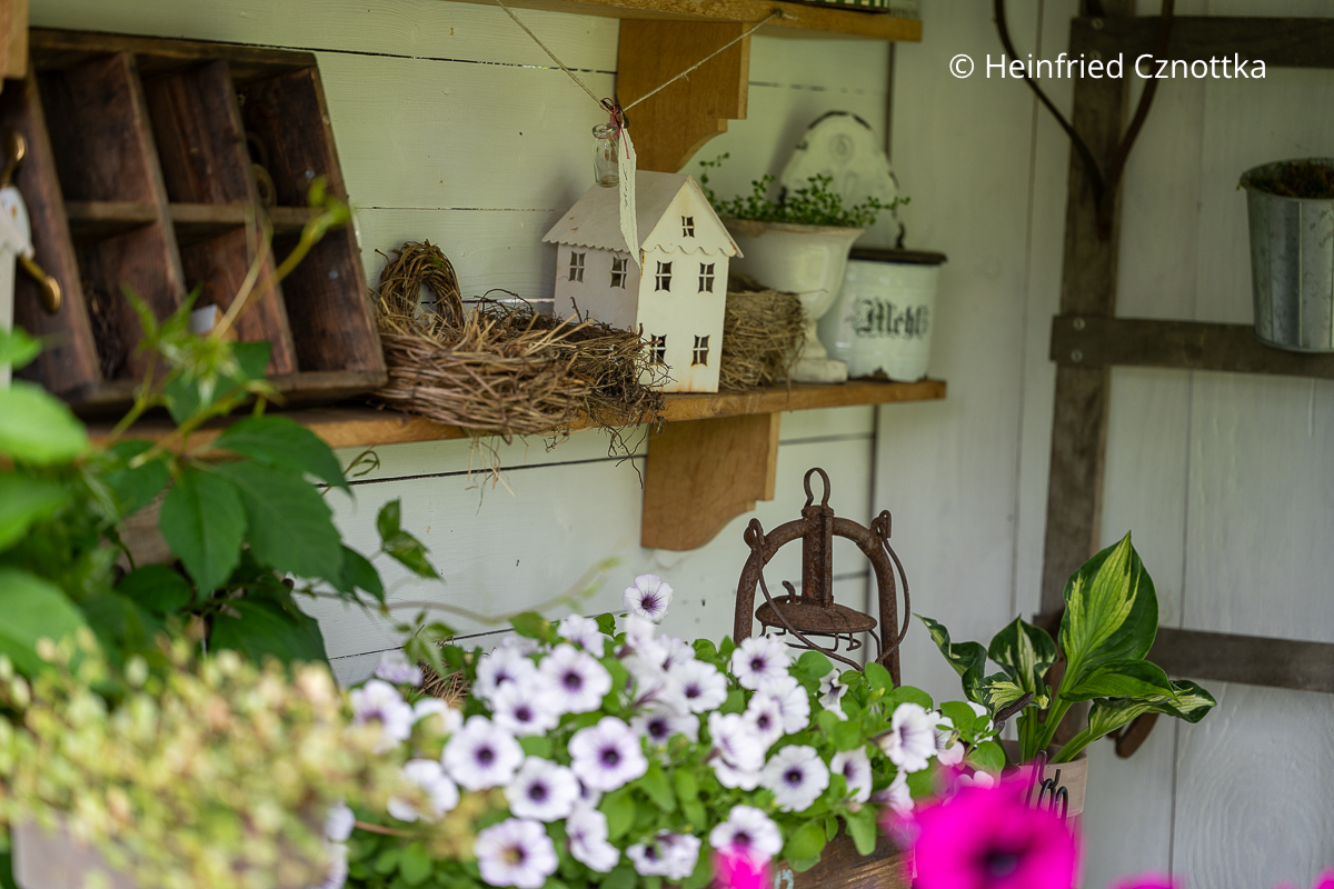 Gartendeko: Häuschen, Blumentöpfchen, ein alter Holzkasten und ein paar Nester ein Stillleben ergeben ein Stillleben