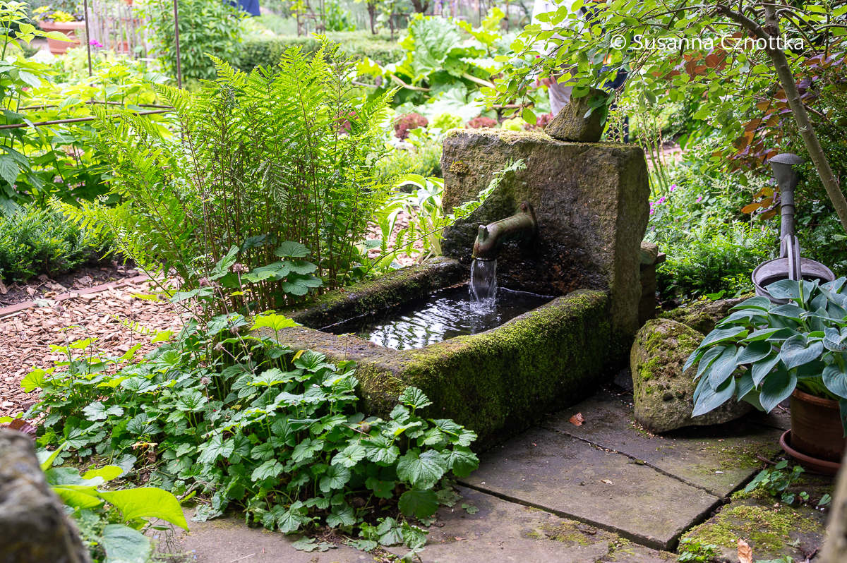 Ein nostalgischer, rechteckiger  Gartenbrunnen, der mit Moos bewachsen ist
